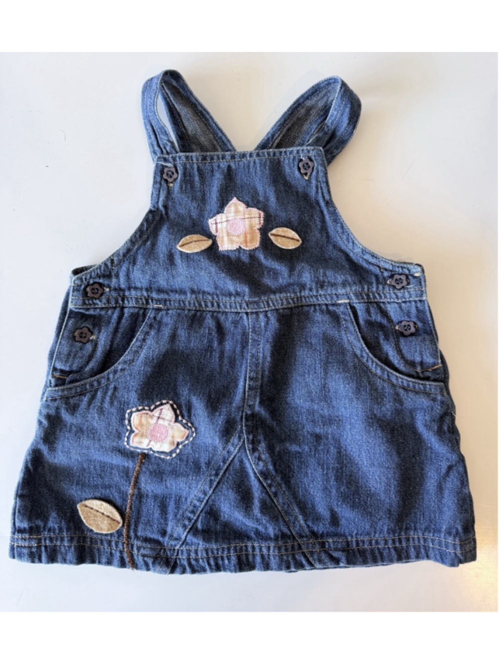 Vintage 90s Toddler Denim Jumper Dress Floral Appliqué Y2K Cotton Patchwork 18M